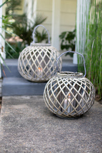 Low Round Grey Willow Lantern With Glass (small)