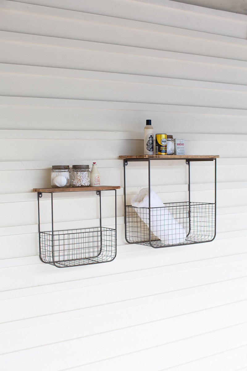 Wire Basket Shelves with Recycled Wood Tops (set of 2)